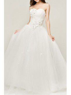 Raso sweetheart floor-lunghezza palla abito abito da sposa con i fiori fatti a mano