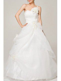 Satin One Shoulder Floor Length Ball Gown Wedding Dress with Handmade Flowers