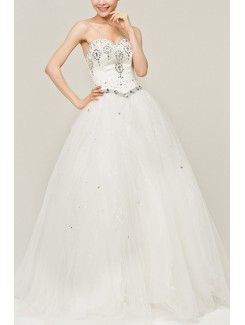 Satin Strapless Floor Length Ball Gown Wedding Dress with Crystal