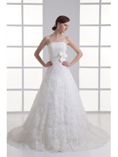 Satin and Net Strapless A-line Sweep Train Sash Wedding Dress