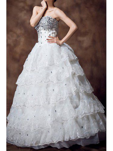 Satin Strapless Floor Length Ball Gown Wedding Dress with Crystal