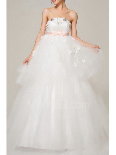 Satin Strapless Floor Length Ball Gown Wedding Dress with Crystal