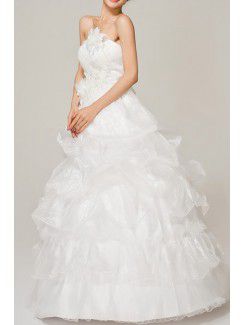 Satin Strapless Floor Length Ball Gown Wedding Dress with Handmade Flowers