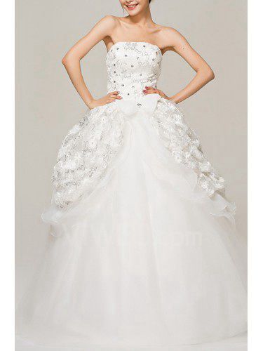 Satin Strapless Floor Length Ball Gown Wedding Dress with Crystal