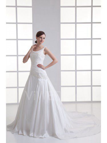 Taffeta Square A-line Sweep Train Embroidered Wedding Dress