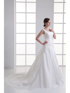 Taffeta Square A-line Sweep Train Embroidered Wedding Dress