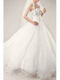 Organza Strapless Floor Length Ball Gown Wedding Dress with Crystal