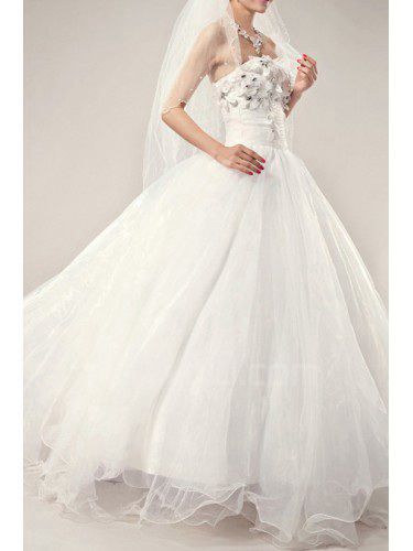 Organza Strapless Floor Length Ball Gown Wedding Dress with Crystal