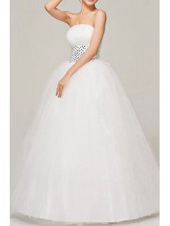 Satin stroppeløs gulv lengde ball kjole brudekjole med krystall