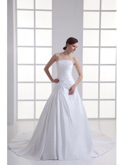 Satin Strapless A-line Sweep Train Embroidered Wedding Dress