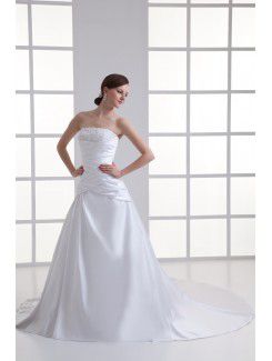 Satin Strapless A-line Sweep Train Embroidered Wedding Dress