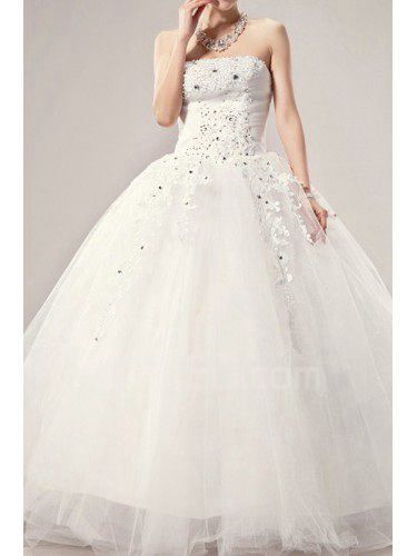 Satin Strapless Floor Length Ball Gown Wedding Dress with Crystal