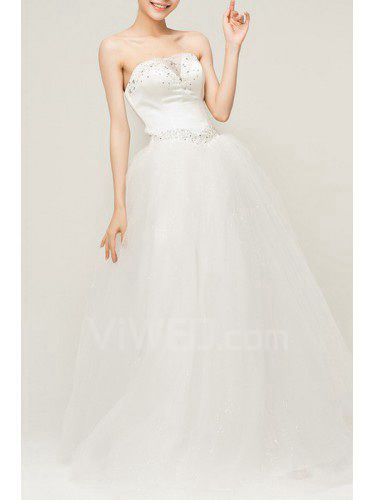 Satin Strapless Floor Length Ball Gown Wedding Dress with Crystal