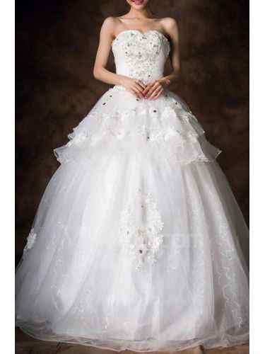 Satin Strapless Floor Length Ball Gown Wedding Dress with Crystal