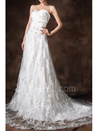 Satin Strapless Chapel Train Ball Gown Wedding Dress with Crystal