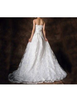 Satin Strapless Chapel Train Ball Gown Wedding Dress with Crystal