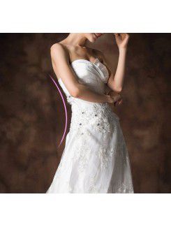 Satin Strapless Chapel Train Ball Gown Wedding Dress with Crystal