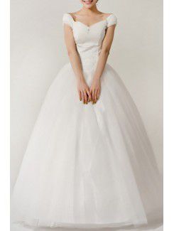 Lace Off-the-Shoulder Floor Length Ball Gown Wedding Dress with Crystal