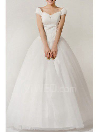 Lace Off-the-Shoulder Floor Length Ball Gown Wedding Dress with Crystal