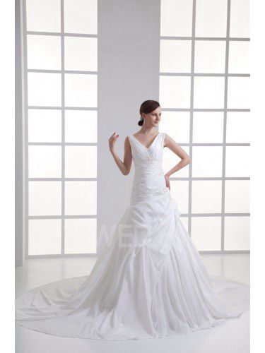 Taffeta V-Neckline A-line Sweep Train Embroidered Wedding Dress