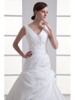 Taffeta V-Neckline A-line Sweep Train Embroidered Wedding Dress