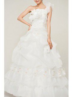 Organza One Shoulder Floor Length Ball Gown Wedding Dress with Handmade Flowers