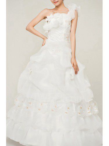 Organza One Shoulder Floor Length Ball Gown Wedding Dress with Handmade Flowers