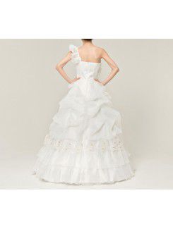 Organza One Shoulder Floor Length Ball Gown Wedding Dress with Handmade Flowers