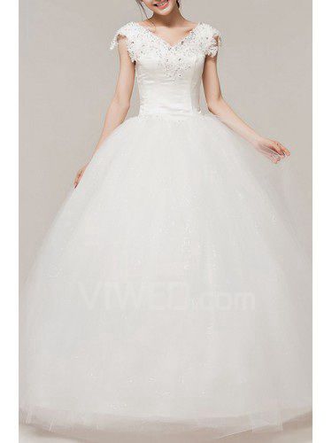 Satin V-neck Floor Length Ball Gown Wedding Dress with Sequins