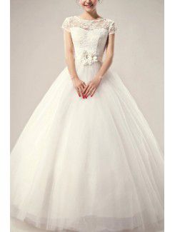 Satin Jewel Floor Length Ball Gown Wedding Dress with Pearls