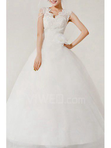 Organza V-neck Floor Length Ball Gown Wedding Dress with Handmade Flowers