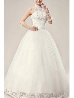 Satin Halter Floor Length Ball Gown Wedding Dress with Embroidered