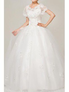 Satin V-neck Floor Length Ball Gown Wedding Dress with Sequins