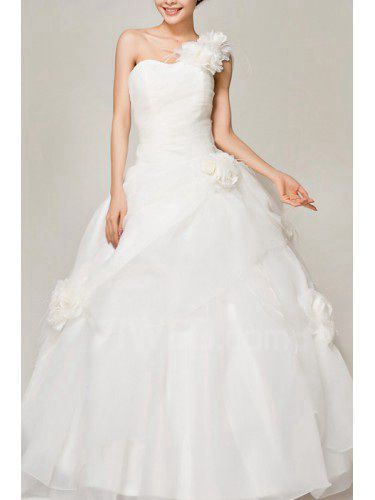 Satin One Shoulder Floor Length Ball Gown Wedding Dress with Handmade Flowers