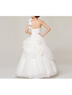 Satin One Shoulder Floor Length Ball Gown Wedding Dress with Handmade Flowers