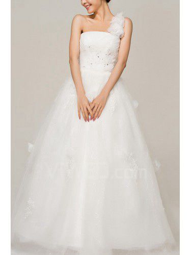 Satin One Shoulder Floor Length Ball Gown Wedding Dress with Handmade Flowers