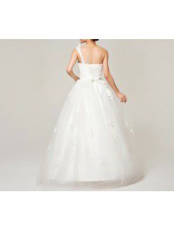 Satin One Shoulder Floor Length Ball Gown Wedding Dress with Handmade Flowers