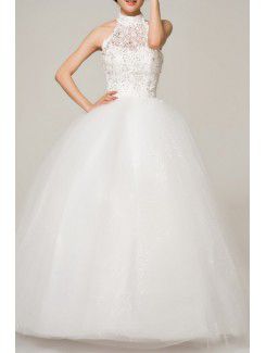 Raso pavimento lunghezza abito da sposa palla abito collo alto con paillettes