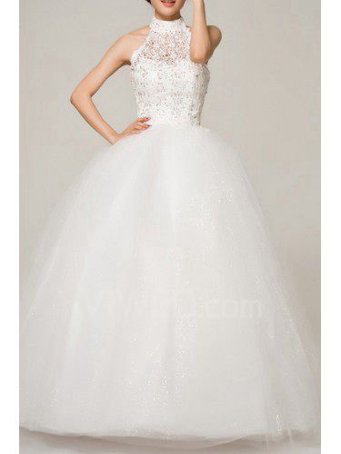 Satin High Collar Floor Length Ball Gown Wedding Dress with Sequins