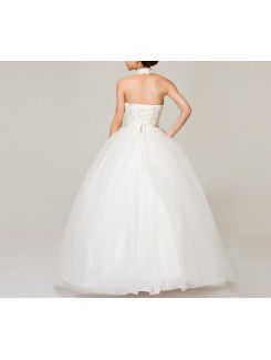 Satin High Collar Floor Length Ball Gown Wedding Dress with Sequins