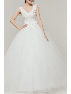 Raso del v-neck floor-lunghezza palla abito da sposa abito con paillettes