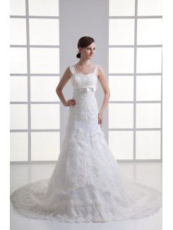 Satin and Net Straps A-line Sweep Train Embroidered Wedding Dress