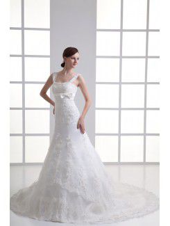 Satin and Net Straps A-line Sweep Train Embroidered Wedding Dress