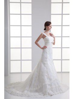 Satin and Net Straps A-line Sweep Train Embroidered Wedding Dress