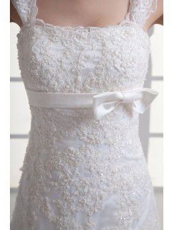 Satin and Net Straps A-line Sweep Train Embroidered Wedding Dress