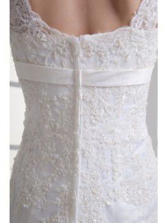 Satin and Net Straps A-line Sweep Train Embroidered Wedding Dress