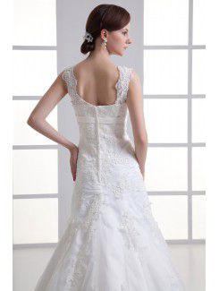 Satin and Net Straps A-line Sweep Train Embroidered Wedding Dress