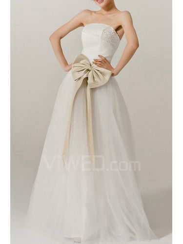 Net Strapless Floor Length A-line Wedding Dress with Crystal