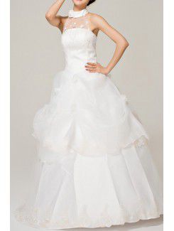 Satin Halter Floor Length Ball Gown Wedding Dress with Handmade Flowers
