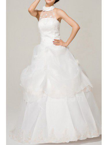 Satin Halter Floor Length Ball Gown Wedding Dress with Handmade Flowers